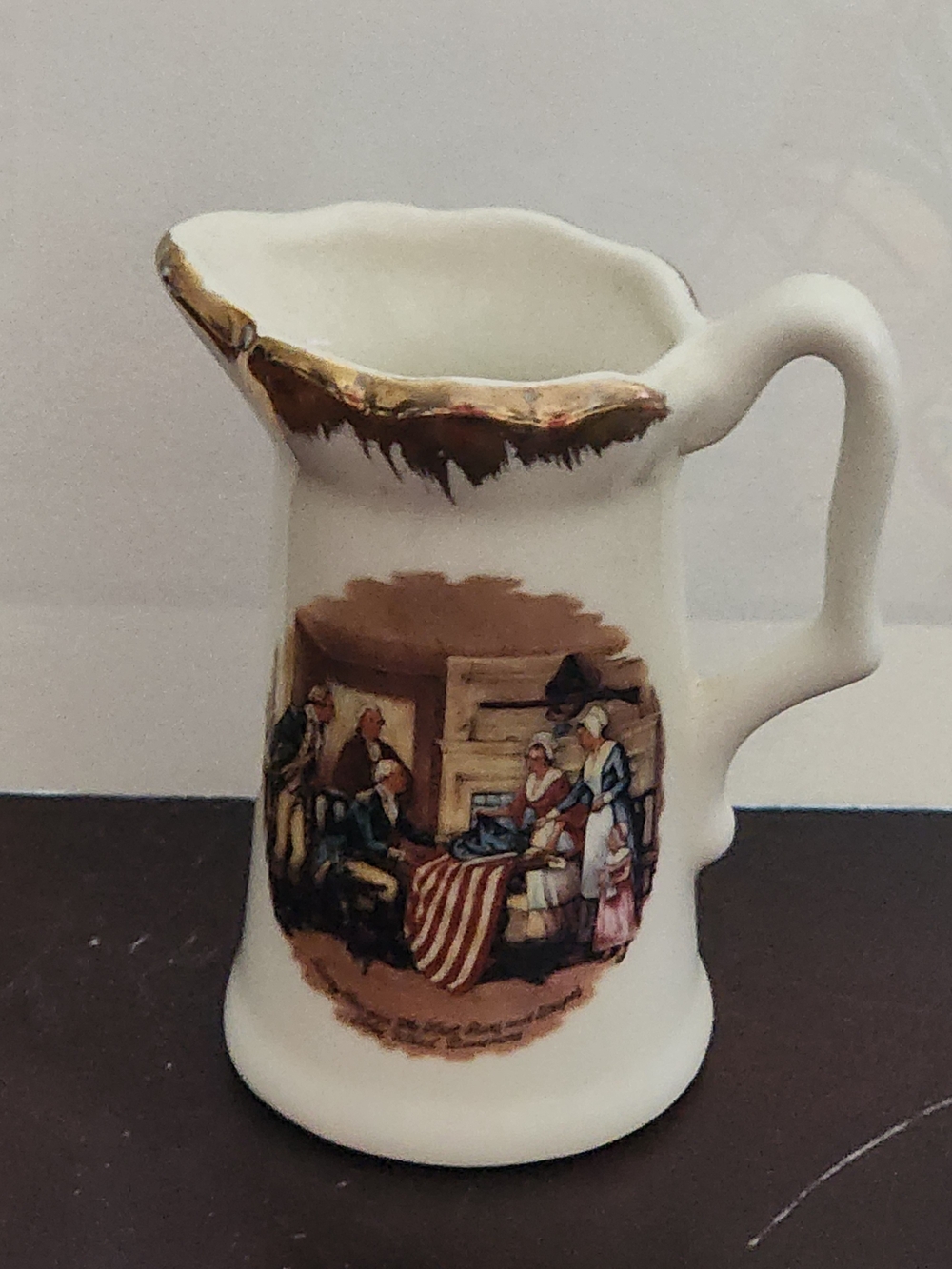 Small White Ceramic Pitcher with Gold Trim, Betsey Ross And American Flag